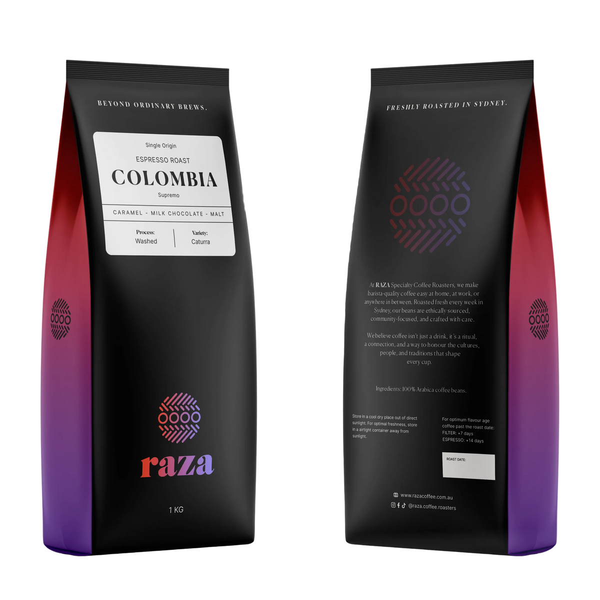 Two coffee bags with a gradient design and 'raza' branding on a white background