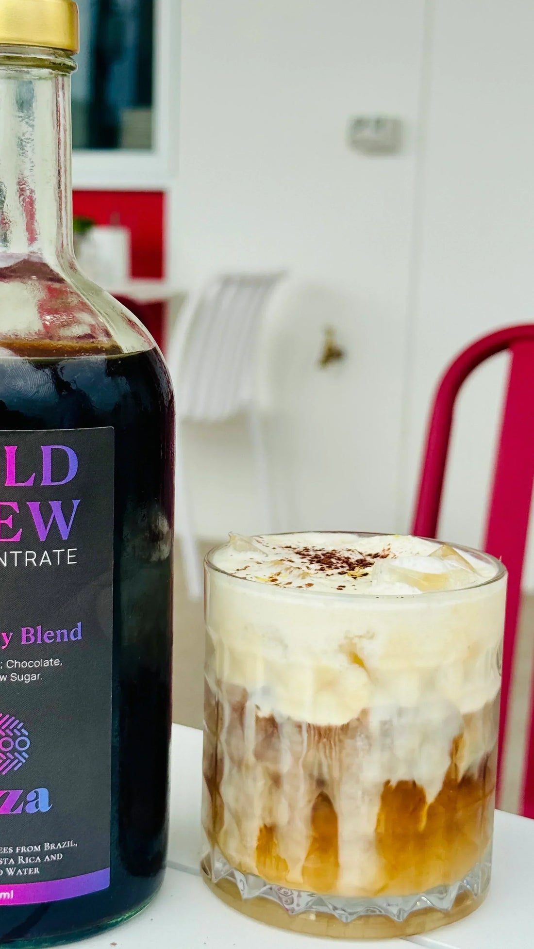 Raza Mont Blanc cold brew with sweet cream cold foam and cocoa powder dust