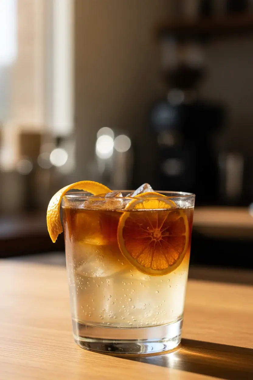 Wilde Thing coffee tonic with layered cold brew and tonic water garnished with orange slice