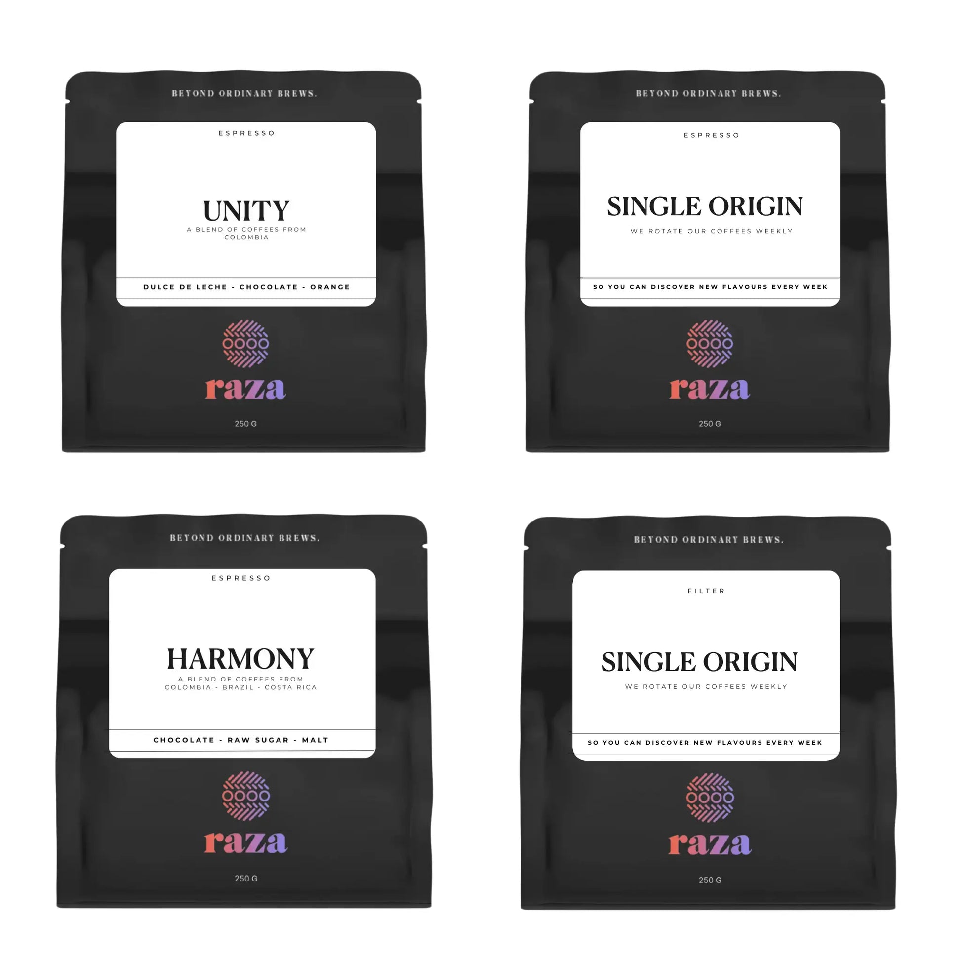 Raza Shell RAZA SAMPLE PACK - 4 x 250g – RAZA SPECIALTY COFFEE ROASTERS