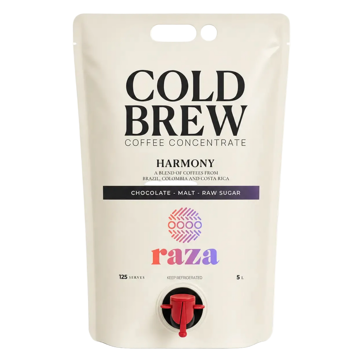 A 5-liter stand-up pouch of Cold Brew Coffee Concentrate by Raza, featuring a cream-colored bag with black text and a red spout, on a white background.
