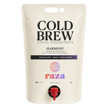 A 5-liter stand-up pouch of Cold Brew Coffee Concentrate by Raza, featuring a cream-colored bag with black text and a red spout, on a white background.