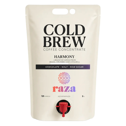 A 5-liter stand-up pouch of Cold Brew Coffee Concentrate by Raza, featuring a cream-colored bag with black text and a red spout, on a white background.
