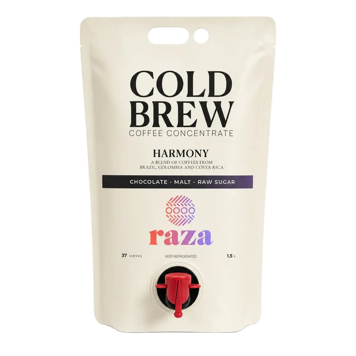 A 1.5L stand-up pouch of Raza Cold Brew Coffee Concentrate, flavor Harmony.