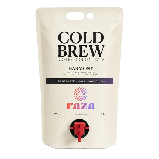 A 1.5L stand-up pouch of Raza Cold Brew Coffee Concentrate, flavor Harmony.