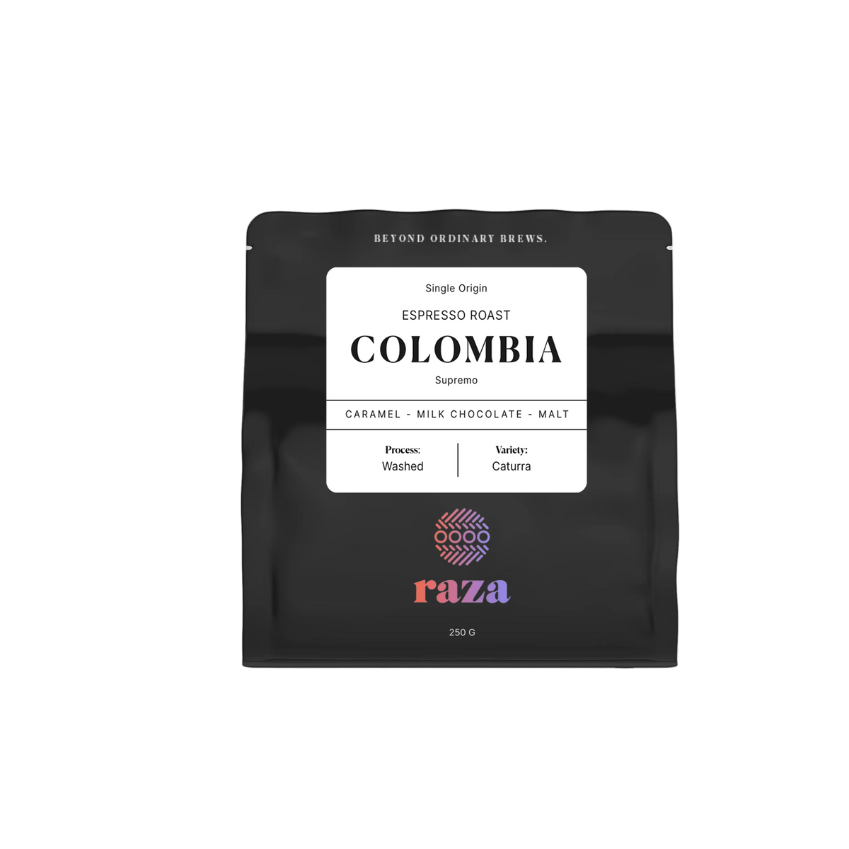 Coffee package labeled 'Colombia' by Raza on a white background