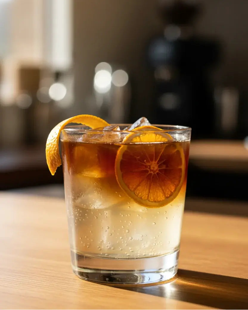 Glass of iced tea with orange slices on a wooden table