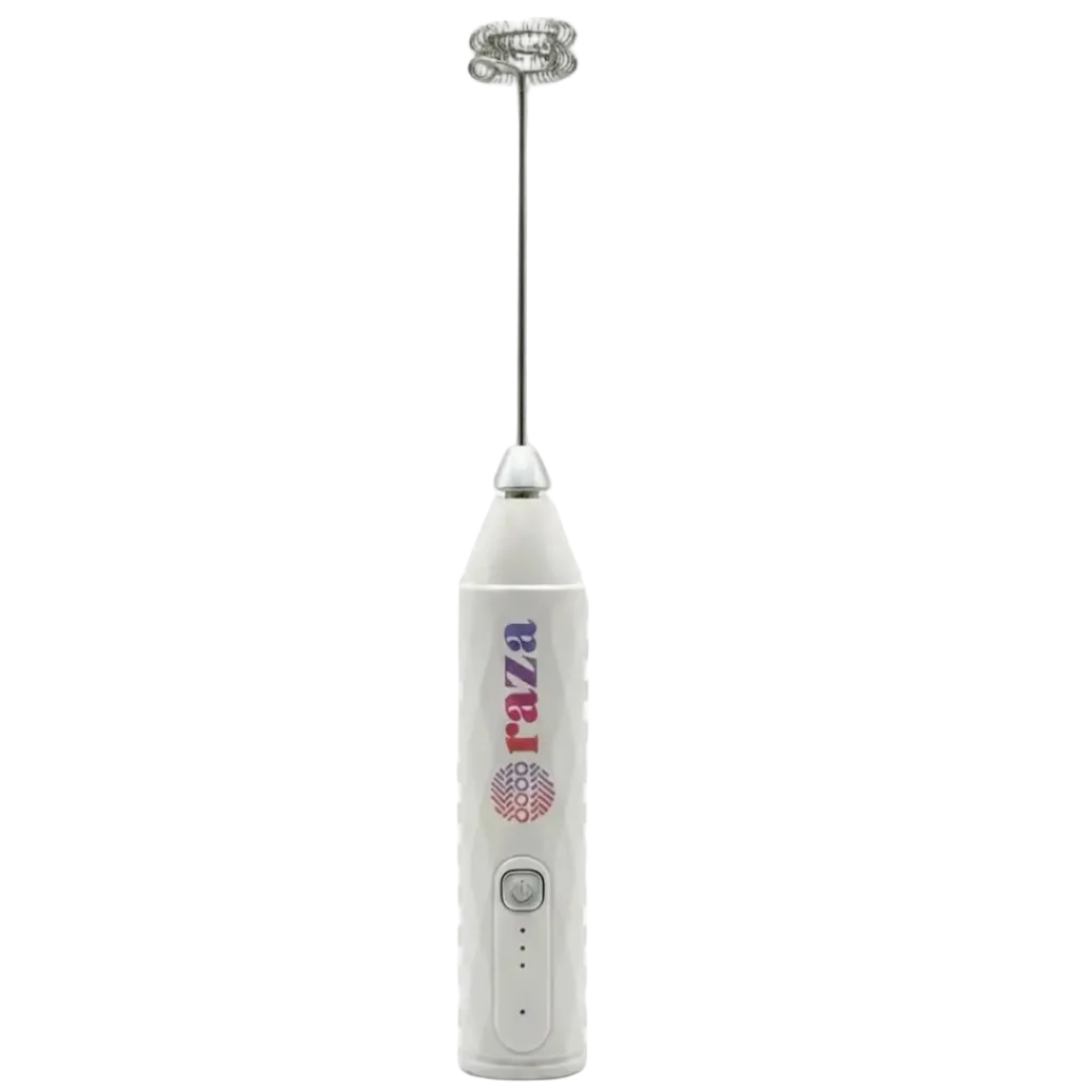 White handheld milk frother with 'Fazza' branding on a white background